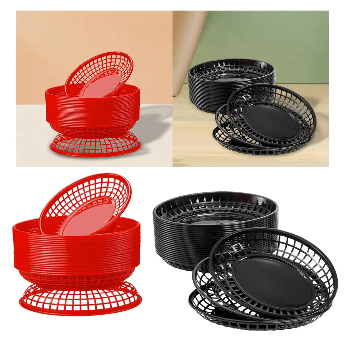 paniers ovales plastique rouge noir grille service alimentaire party trays restaurants