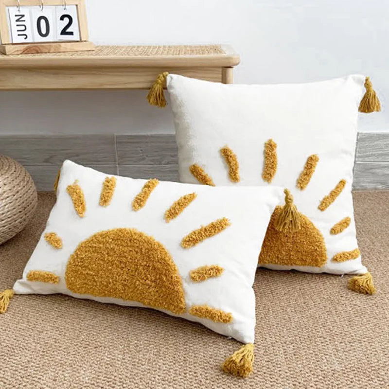 taies d'oreiller boho chic motif soleil doré brodé texture épaisse 45x45cm blanc decoration maison