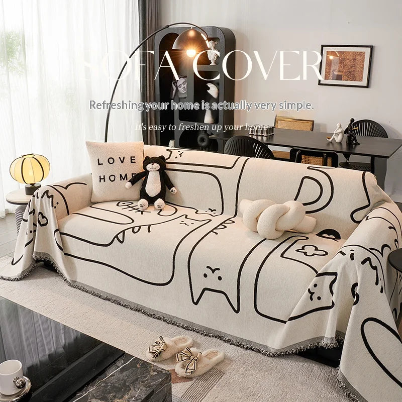 housses canapé chenille dessins animaux beige noir moderne lavable printemps été