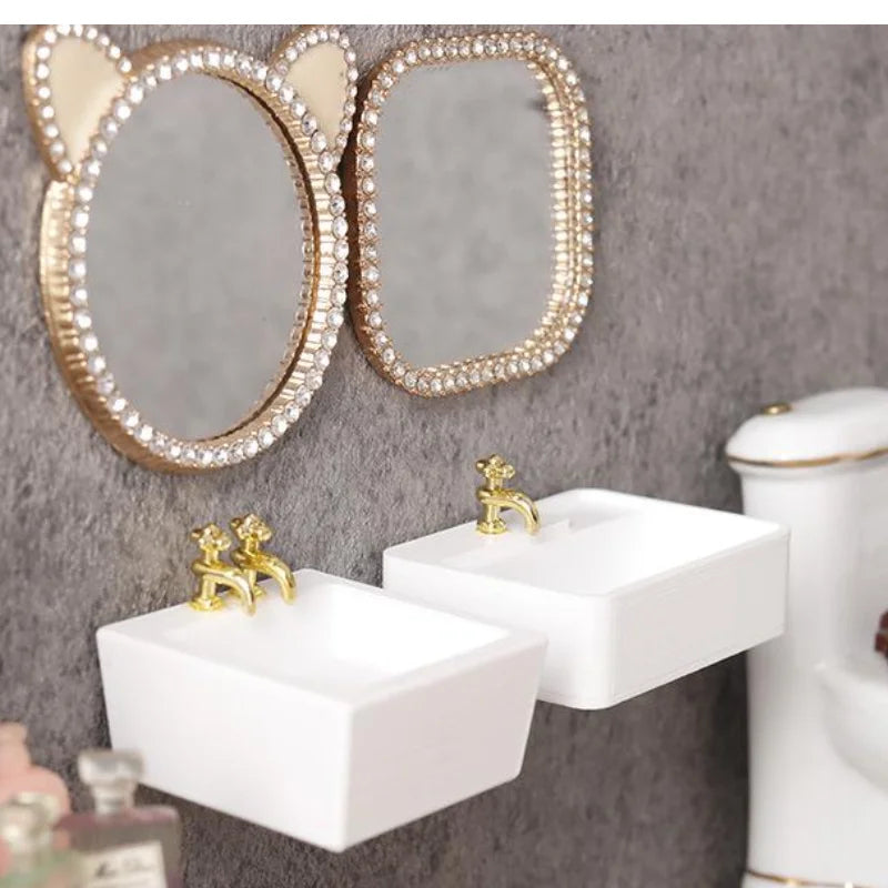 accessoires décoration maison poupée salle bain lavabo miroir moderne chic éléments décoratifs pastel or