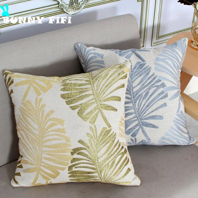 housse coussin carré feuilles palmier polyester coton moderne bleu vert gris rouge nouvelle année