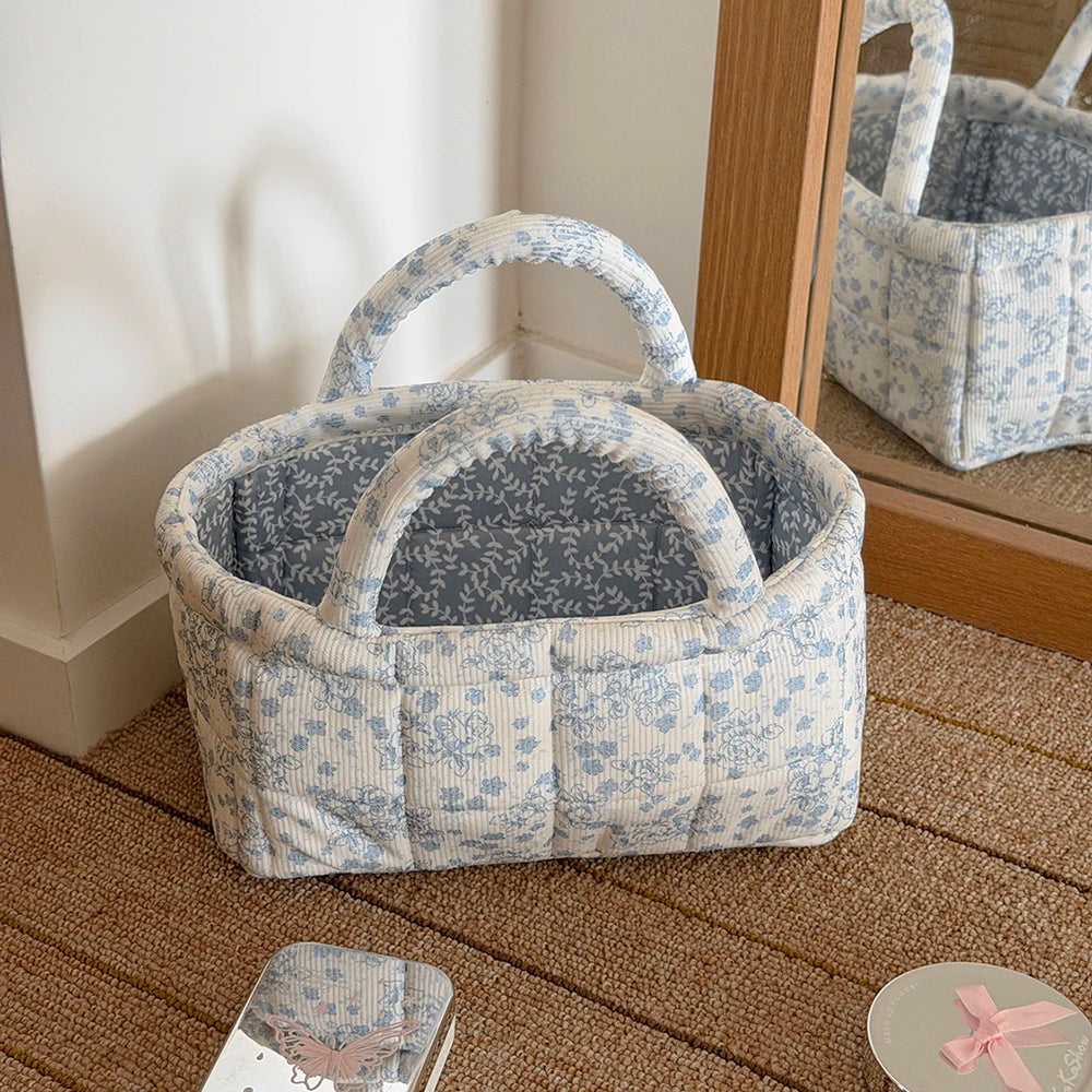 panier rangement pliable polyester fleurs blanc bleu clair moderne rangement maison jouets animaux respectueux