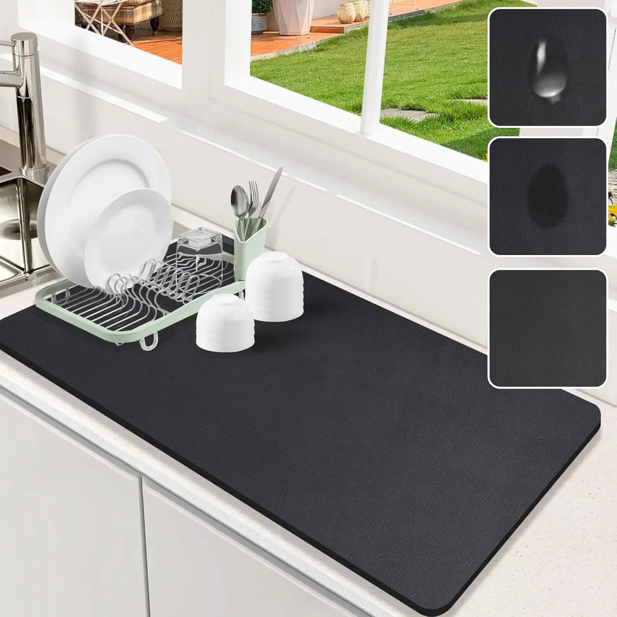 tapis cuisine noir texture cuir moderne absorbant antidérapant vaisselle plan travail