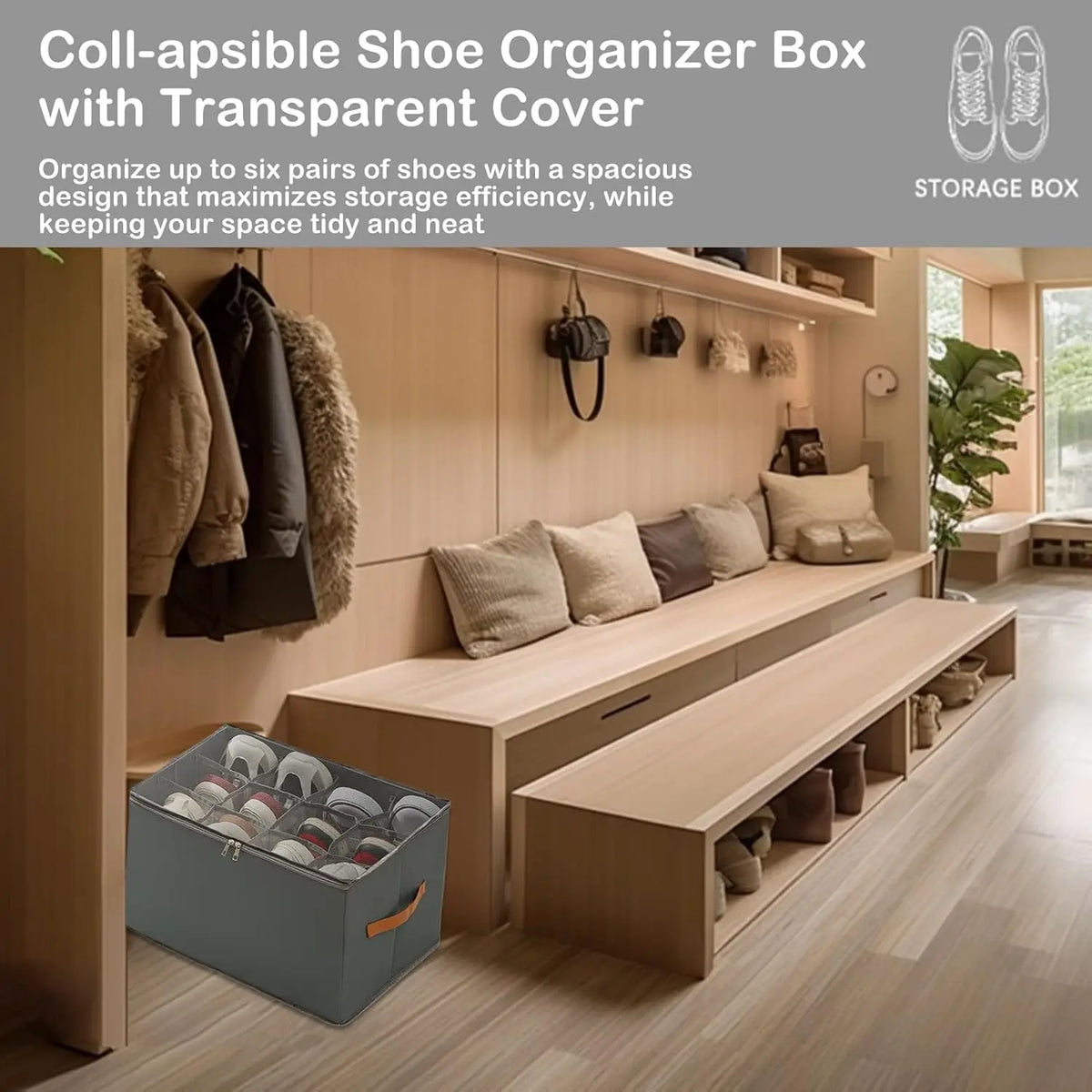boîte rangement chaussures pliable transparente moderne poignées cuir gris conteneur organiser paires echangement gọnducible