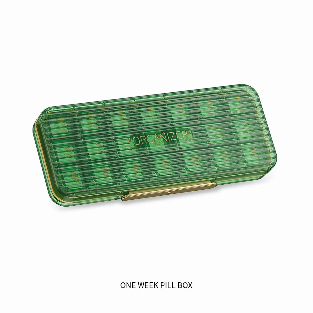 boîte rangement pilules voyage étanche noir vert bleu 14 compartiments moderne pratique