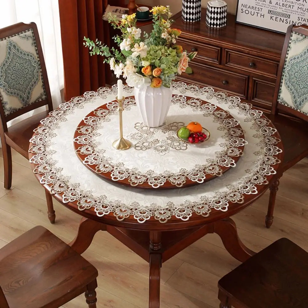 nappe ronde fleurs complexes crème blanc marron semi translucide élégante table dîner 60 70