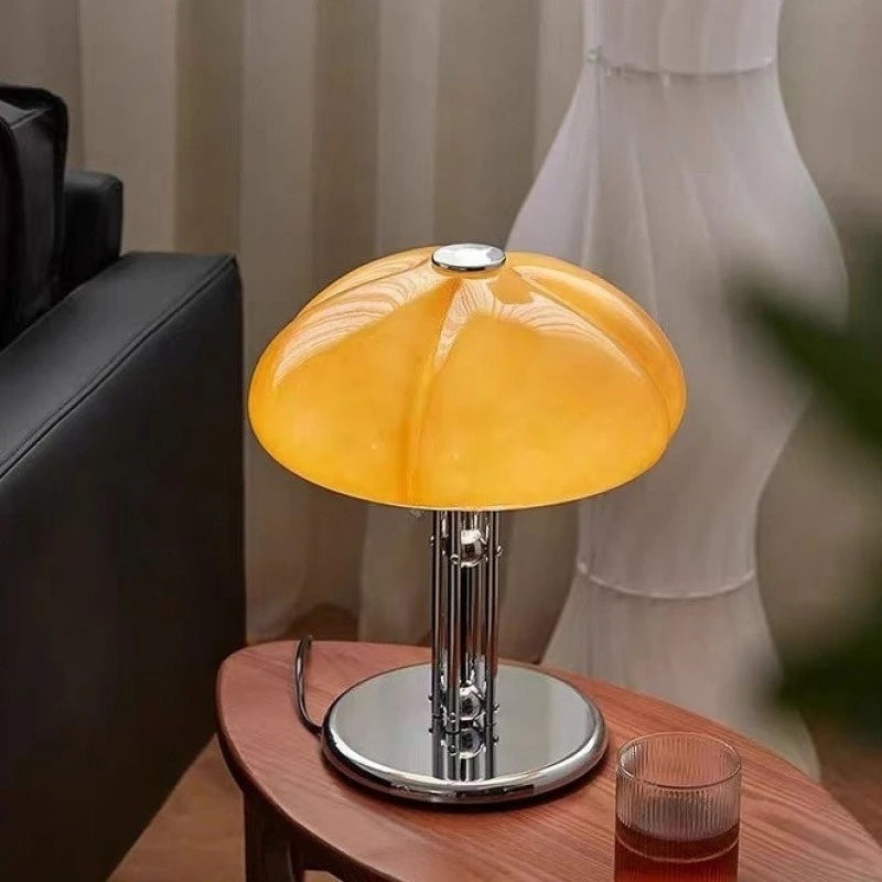 lampe table moderne champignon cristal orange socle métallique interrupteur bouton led opacité chambre coucher