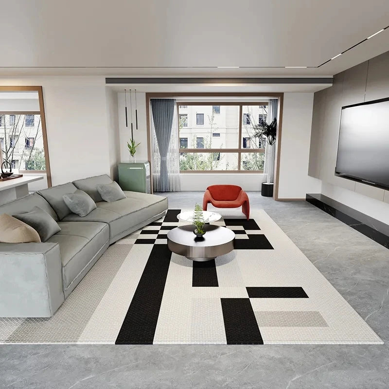 tapis moderne géométrique noir blanc gris love is love adhésif salon chambre polypropylène polyester