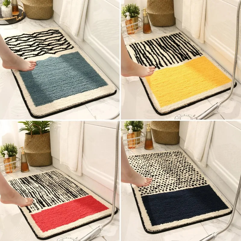 tapis bain moderne bleu clair noir rayures beige géométrique absorption eau salle bain polyester