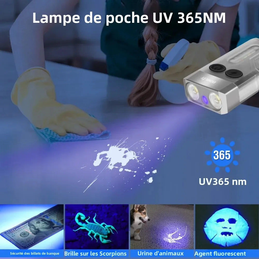 lampe poche rechargeable multi mode uv led alarme sonore porte clés camping
