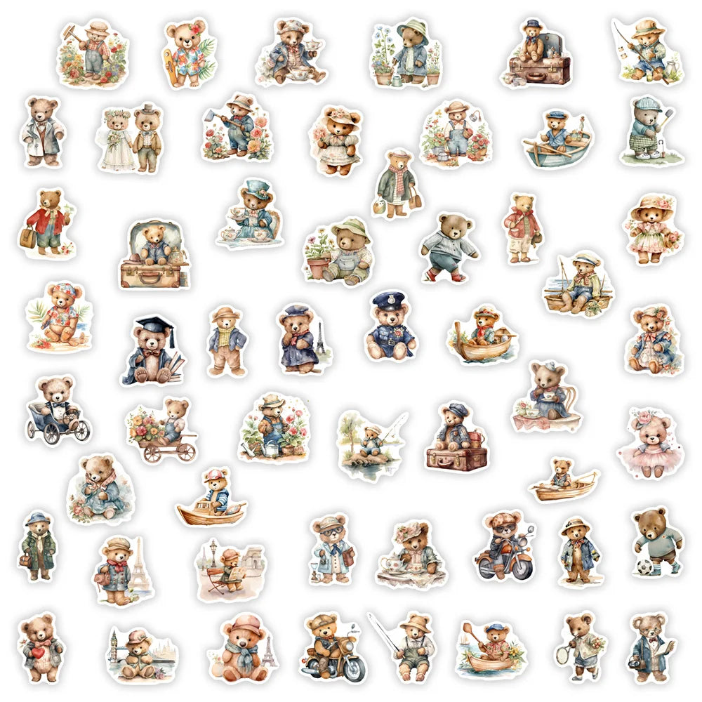 sticker illustratif teddy bear multicolore scène pêche jardinage voyage adhésif waterproof moderne scrapbooking journal