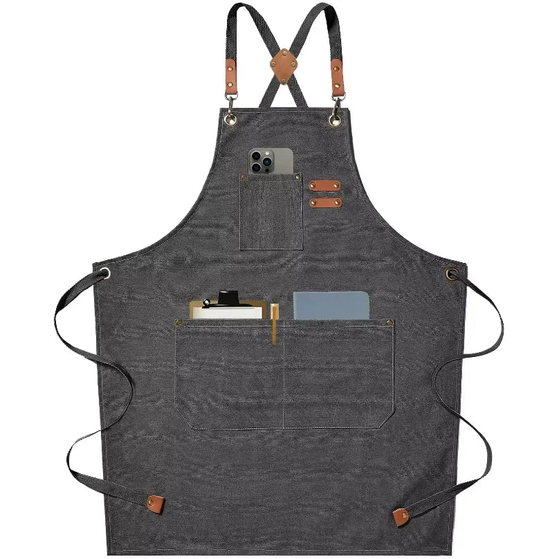 tablier cuisine toile coton gris classique poche avant écrous rubans fixations professionnel