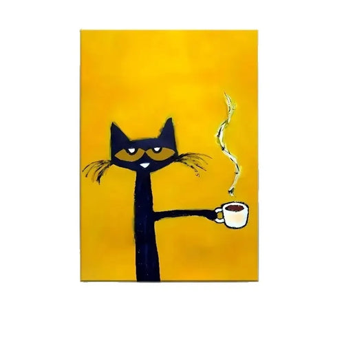 tableau mural jaune chat noir tasse illustration cartoon cuisine chambre decoration intérieure
