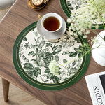 tapis table rond polyestère résistant chaleur décoration intérieure extérieure blanc vert fleurs feuilles papillons