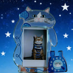 cadre photo transparent chat bleu violet enfantin dessin moustaches fil laine téléphone números