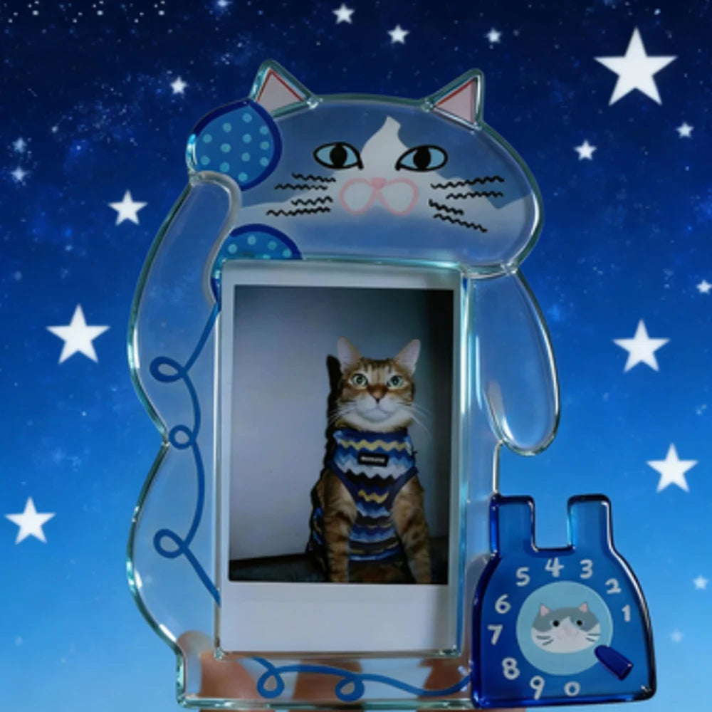 cadre photo transparent chat bleu violet enfantin dessin moustaches fil laine téléphone números