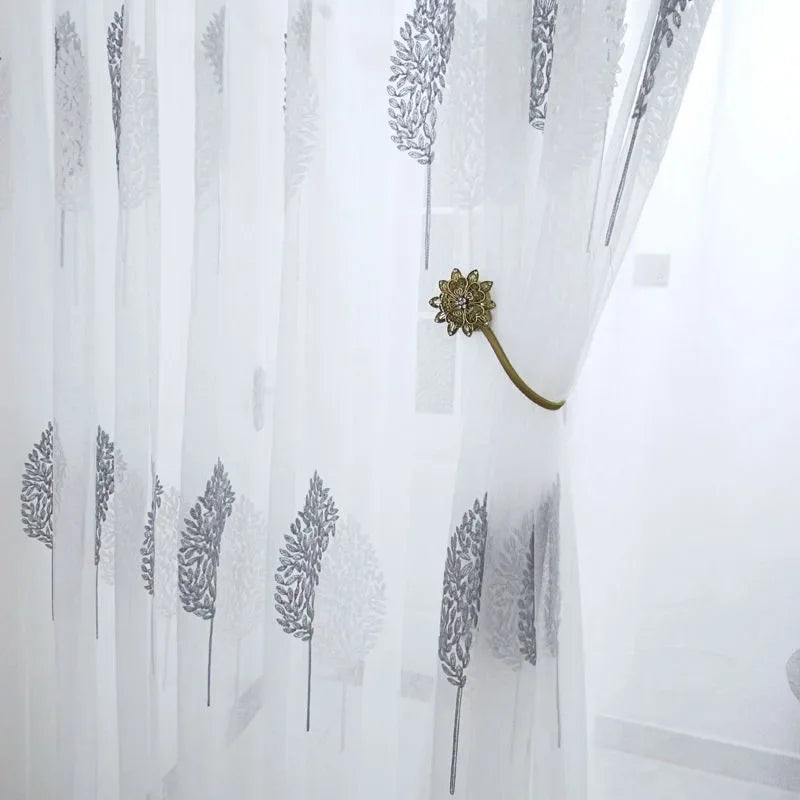 rideau tulle brodé feuilles gris moderne transparent chambre salon polyester