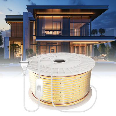Ruban LED COB étanche IP68 220V installé dans un jardin avec éclairage blanc chaud
