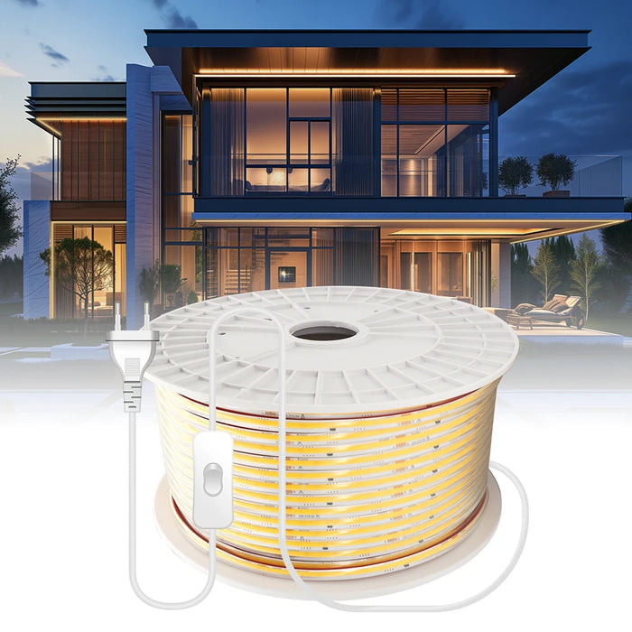 Ruban LED COB étanche IP68 220V installé dans un jardin avec éclairage blanc chaud