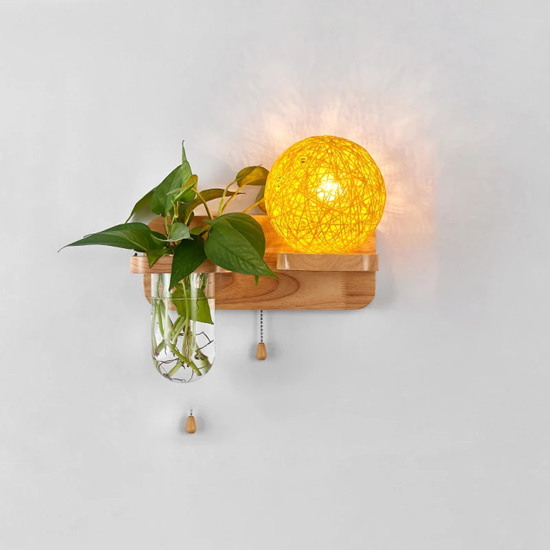lampe murale scandinave bois naturel feuilles vertes plante boule lumineuse chaîne éclairage chambre salon