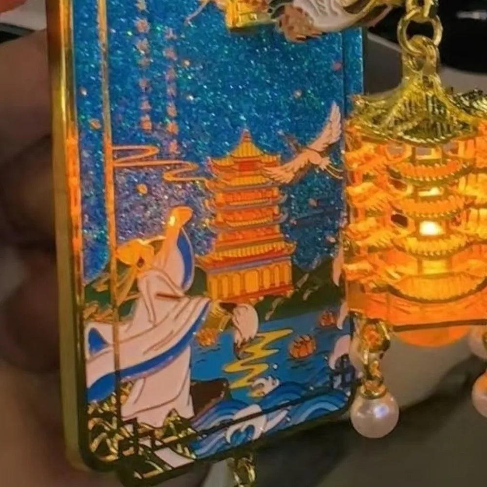 coque téléphone bleu doré rose pagode oiseaux personnages floral art chinois clips breloques