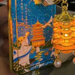 coque téléphone bleu doré rose pagode oiseaux personnages floral art chinois clips breloques