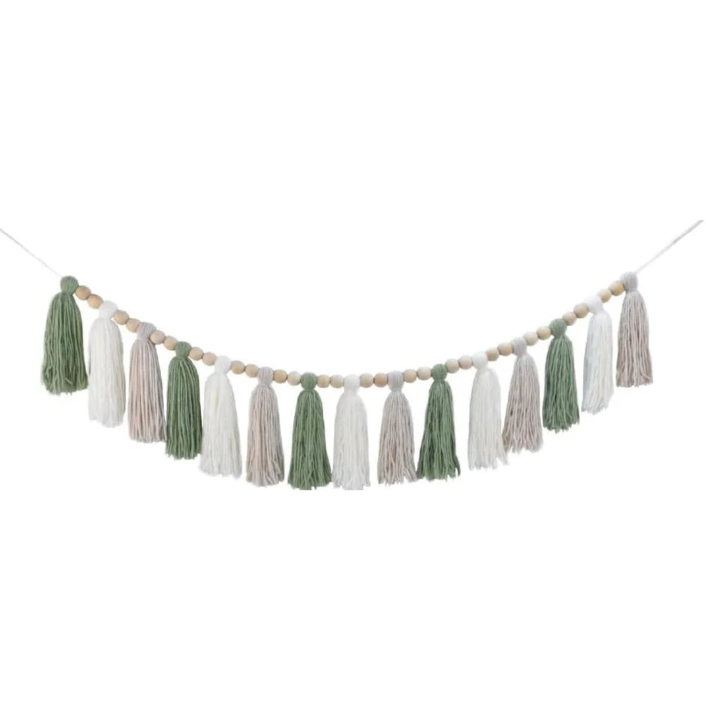 guirlande pompons boho beige marron gris rose vert bleu clair tissu 110cm chambre enfant
