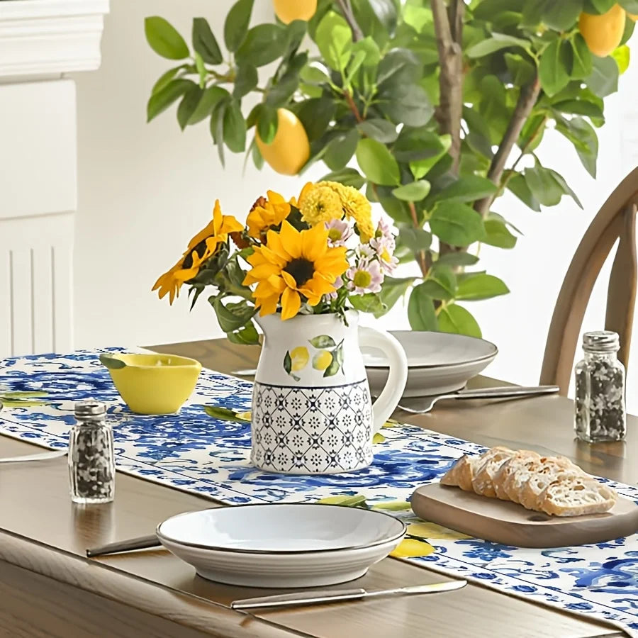 table cheminement lin motif floral citrons fleurs blanc bleu jaune vert table salle manger
