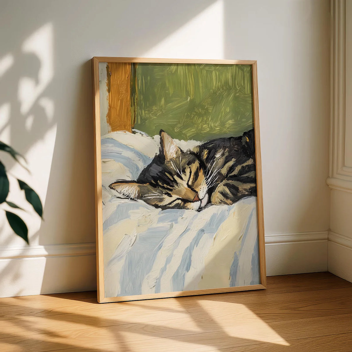 tableau moderne chat dormant toile peinte noir blanc vert beige opaque sans cadre