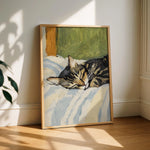 tableau moderne chat dormant toile peinte noir blanc vert beige opaque sans cadre