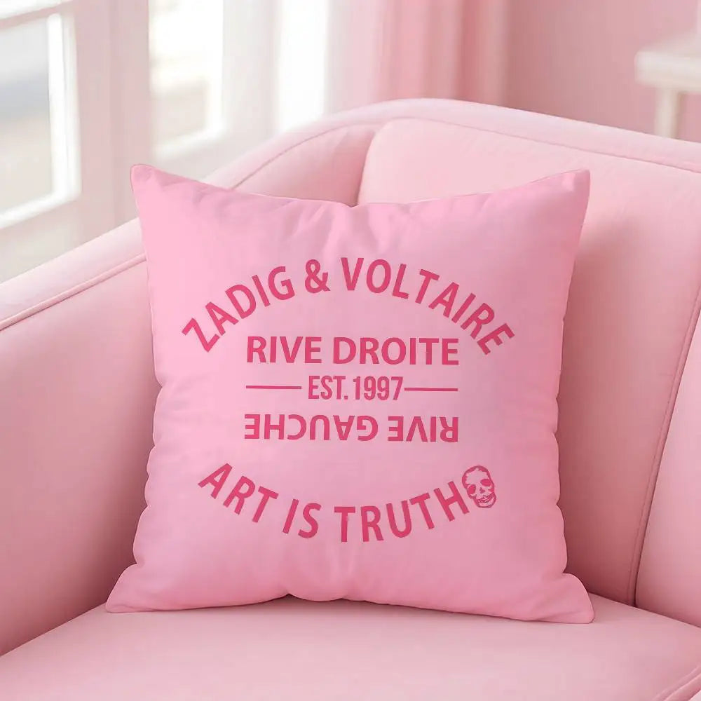 taie d'oreiller carrée rose clair douce motif texte moderne lit canapé maison luxe