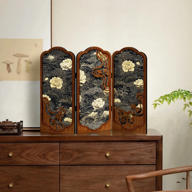 paravent vintage fleurs blanches noires motifs floraux artisanal doré salon chambre étude