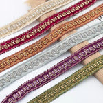 ruban décoratif polyester 2cm large motif géométrique beige rouge orange gris violet vert classique