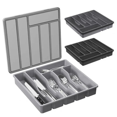 Boîte de rangement couverts 6 compartiments avec couvercle blanc