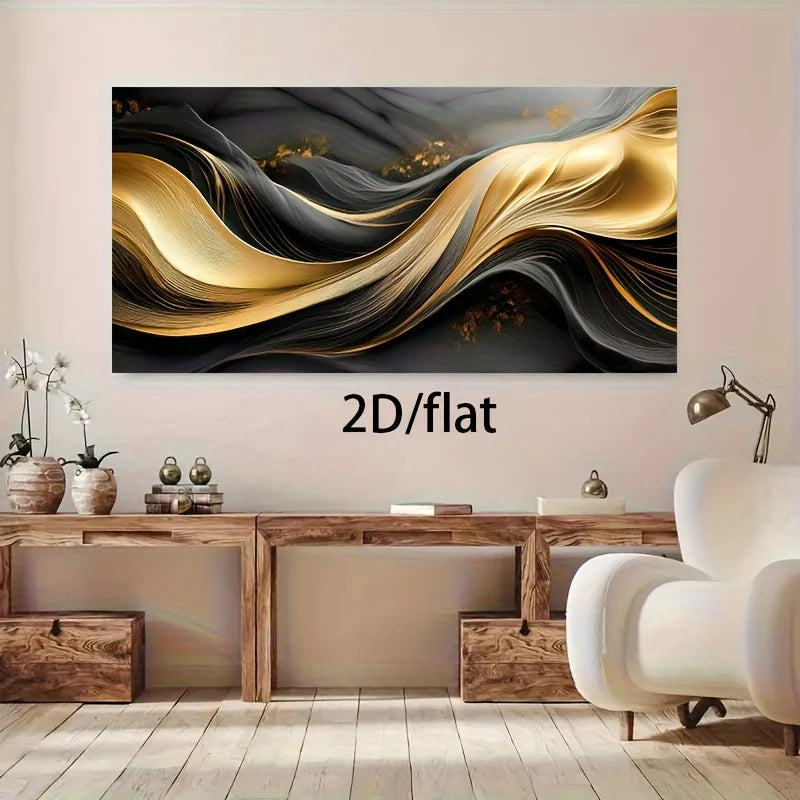 toile d'art abstraite moderne sans cadre noir gris doré ligne ondulée contemporaine 20x40cm 30x60cm