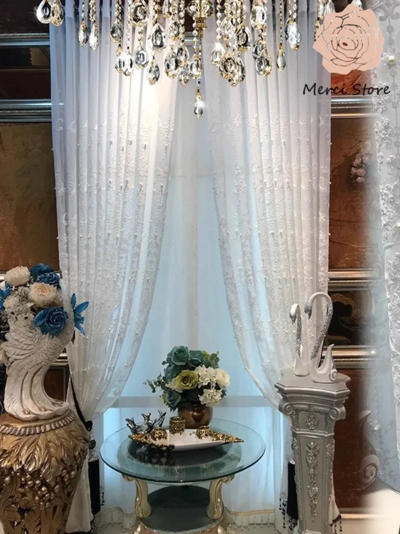 rideau blanc brodé semi opaque classique fenêtre française blackout maison