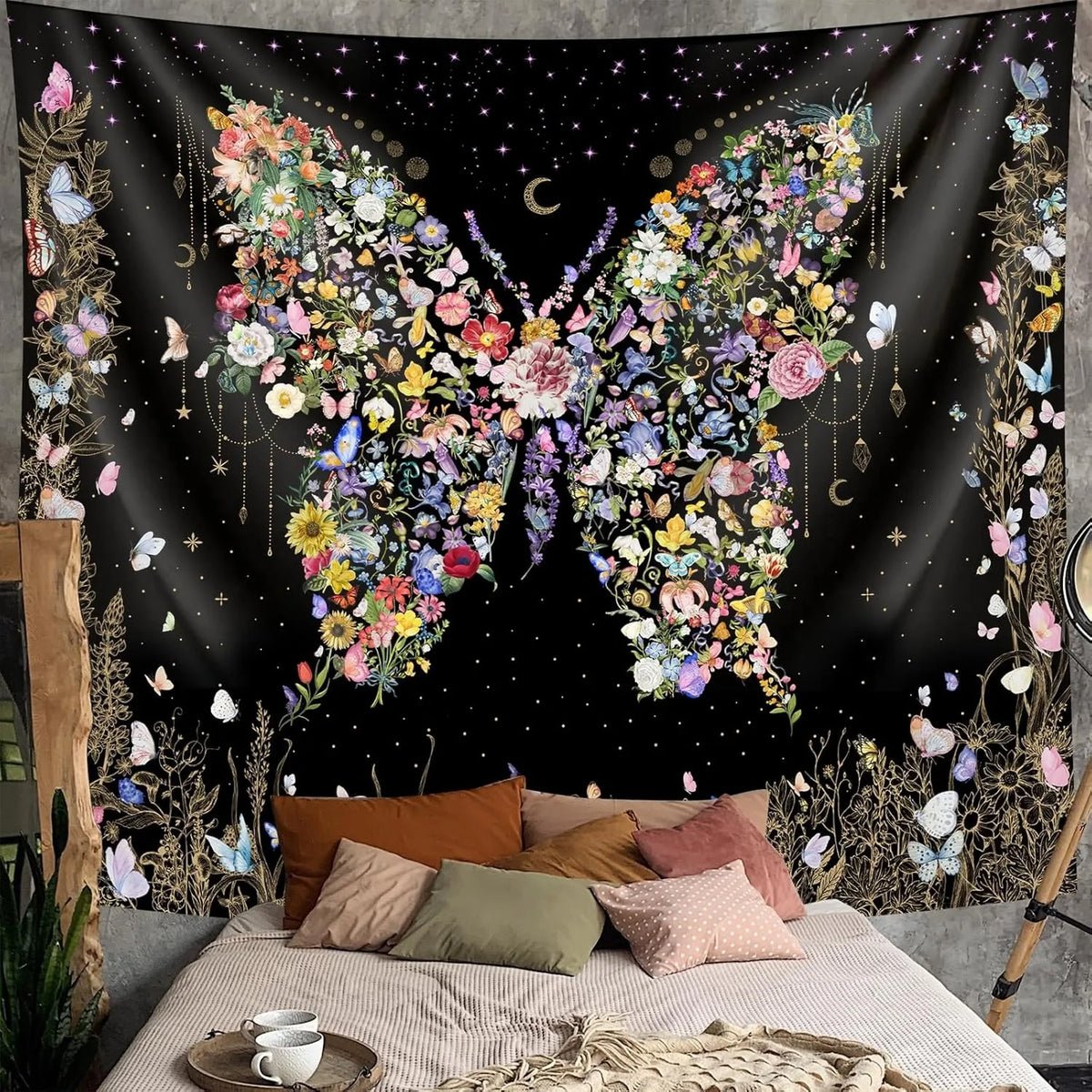 tapisserie murale boho chic motif floral complexe polyester beige clair foncé rectangle moderne