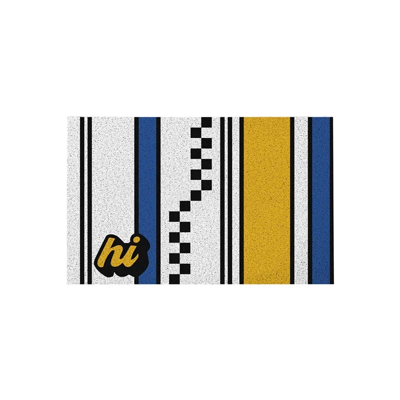 Illustration graphique abstraite avec des motifs géométriques en noir, blanc, bleu et jaune, comprenant le mot "Hi" en lettrage.