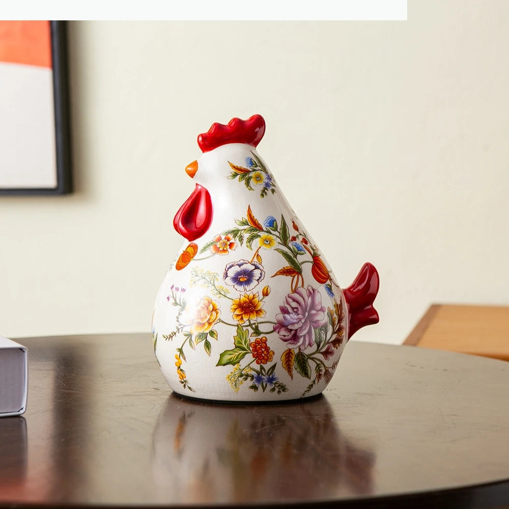 statue artisanale poulet couleur variée fleurs papillons décorative maison blanc rouge bleu verte jaune