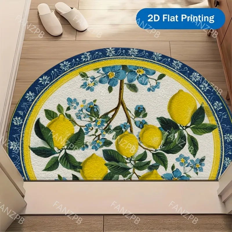 tapis demi circulaire moderne fleurs citrons entrée salon blanc bleu jaune vert noir