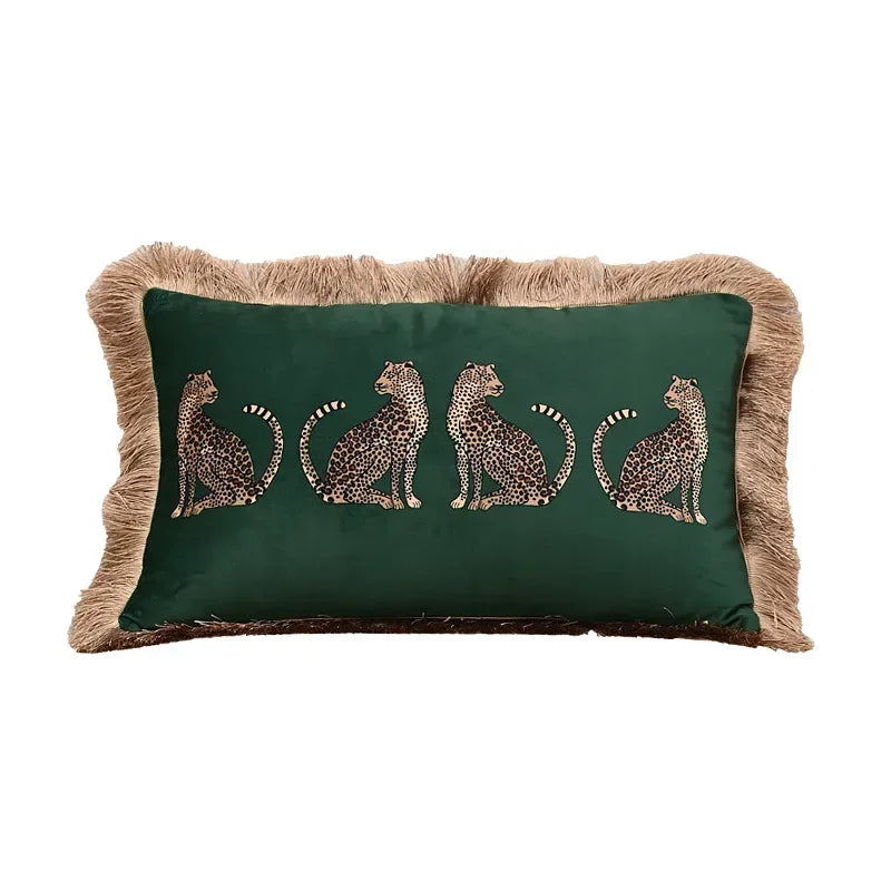 taie d'oreiller carrée léopard doré vintage tassel adhésif décorative verte noire polyester coton 45x45cm