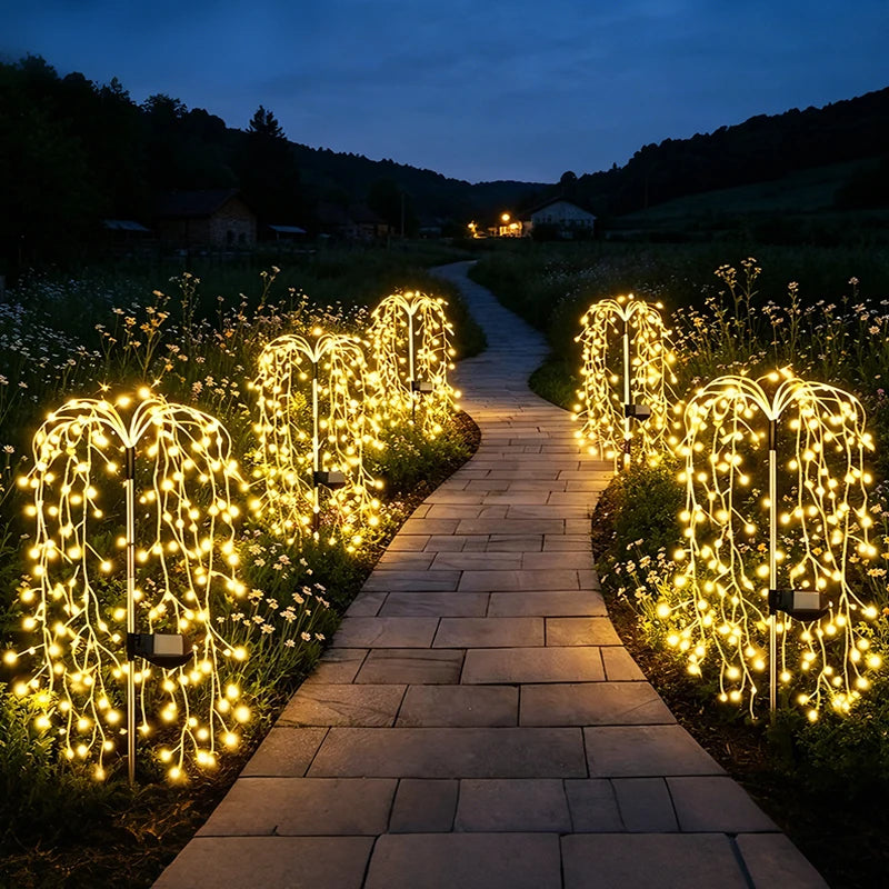 guirlandes solaires led extérieures imperméables modernes décoration chemin patio piquets blanc jaune multicolore