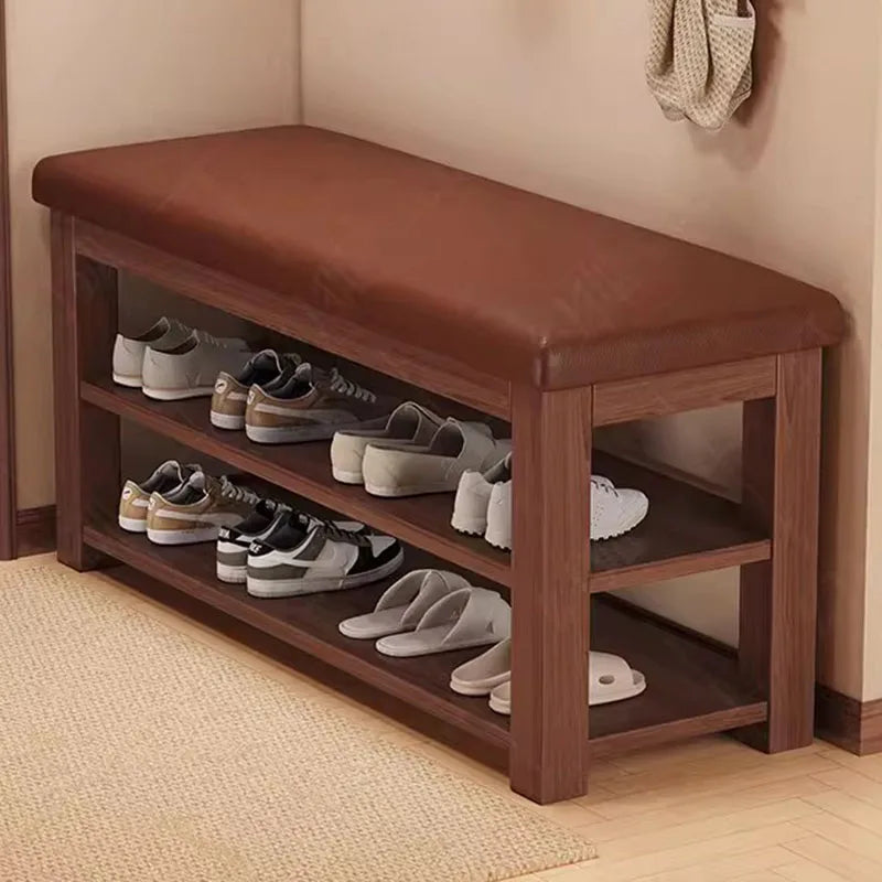 banc chaussures bois massif moderne tissu beige clair rangement minimaliste étagère salon environ 100cm