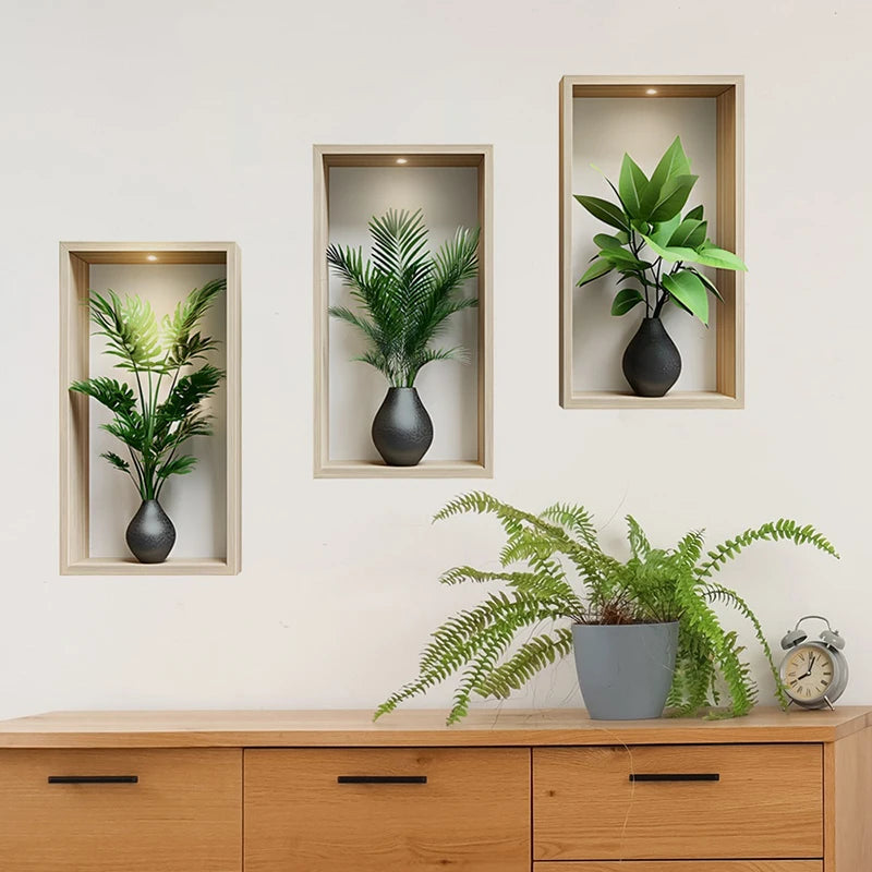 décoration murale plante artificielle feuilles vertes vases noirs moderne salon chambre