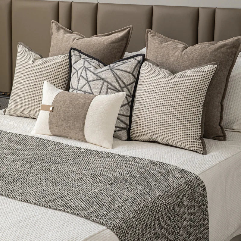 taies d'oreiller géométriques coton lin blanc gris beige modernes élégantes carrées