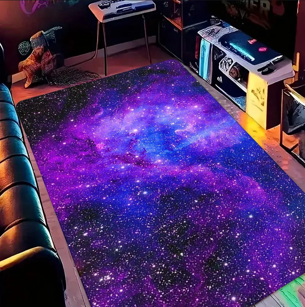 tapis salon chambre moderne motif galaxie étoiles nébuleuse violet bleu rose décoratif grand