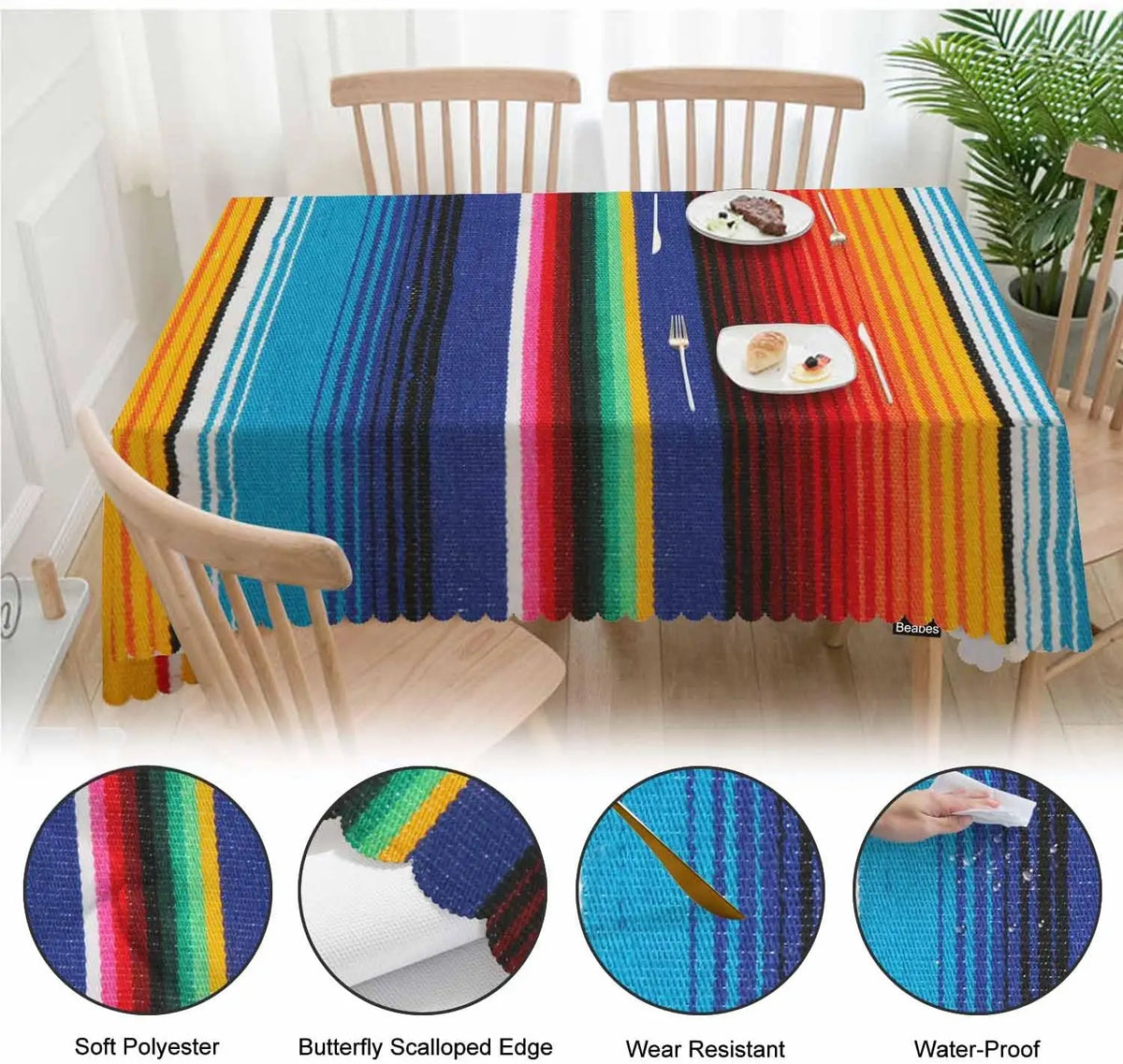 nappe table rayée multicolore ethnique imperméable polyester réutilisable moderne camping maison festive