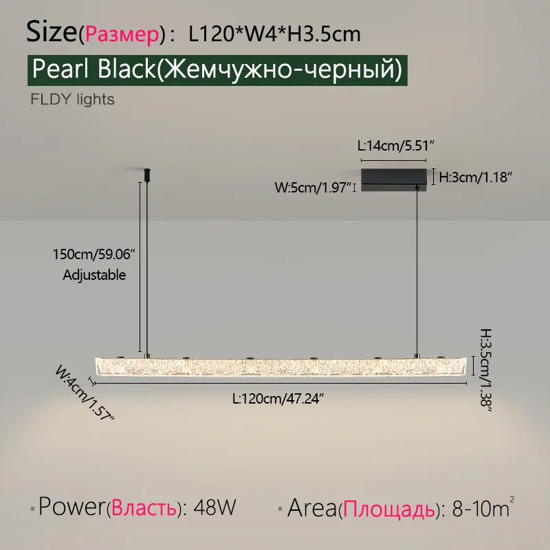 lampe suspendue linéaire moderne noire cristal transparent table salle manger cuisine lustre
