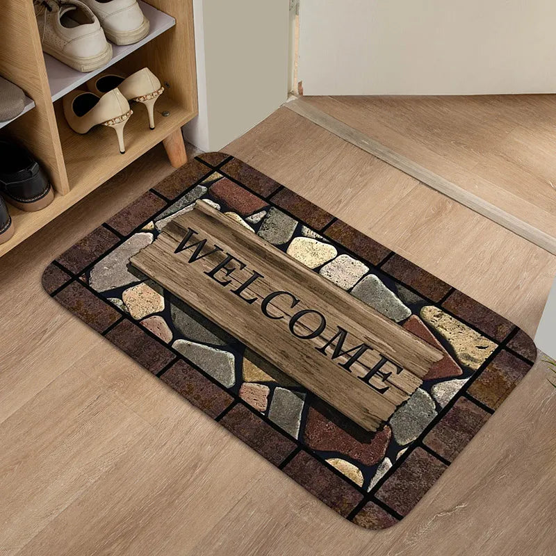 tapis sol marron imitation pierre bois bienvenue antidérapant rustique chaleureux