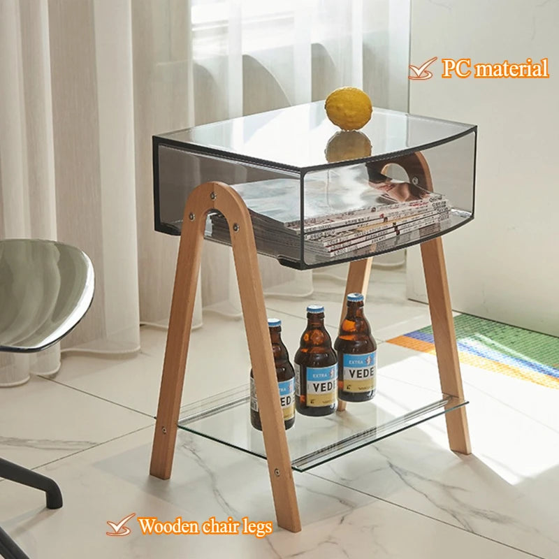 table basse moderne minimaliste transparente étagère bois clair salon chambre